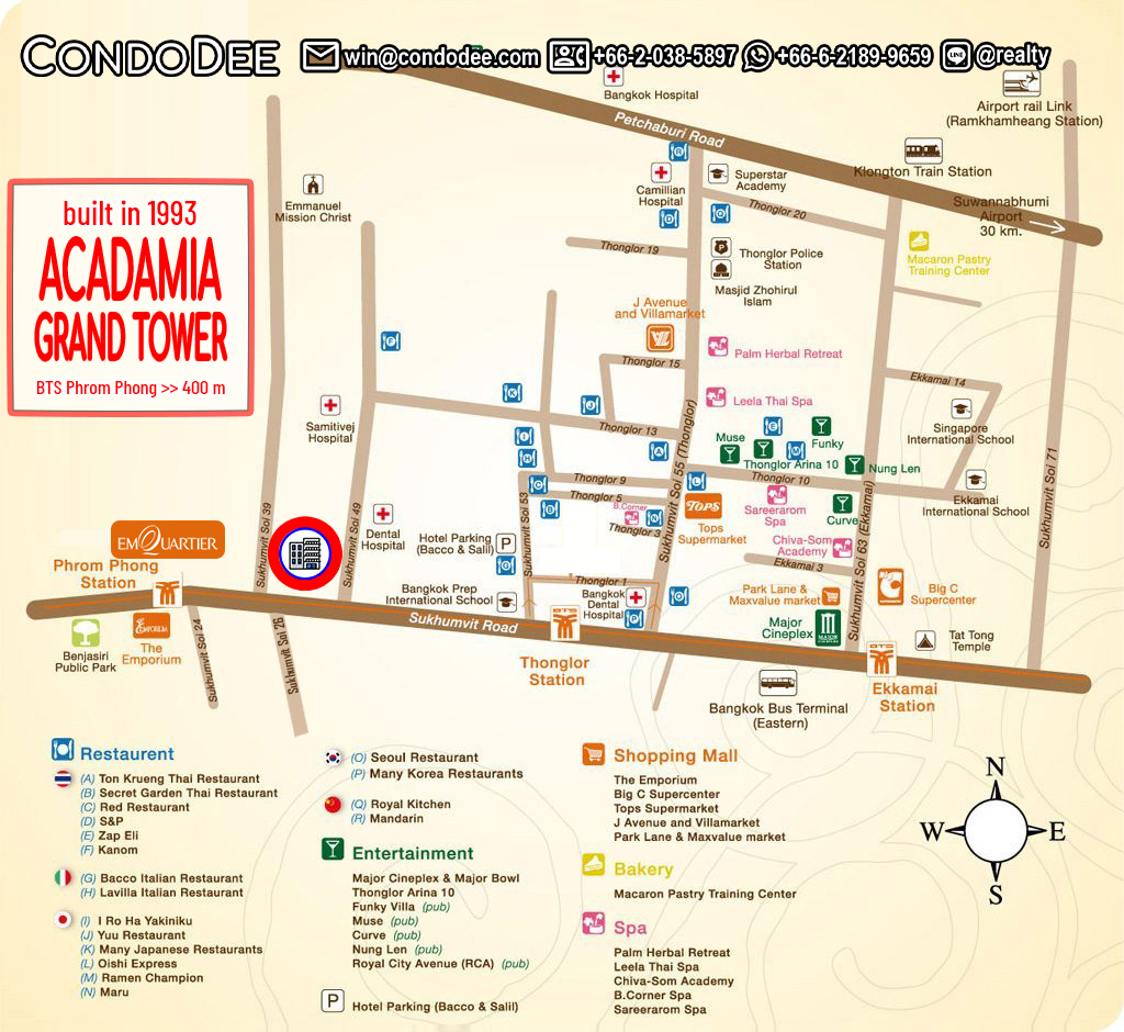 Acadamia Grand Tower Sukhumvit condo for sale in Bangkok near BTS Phrom Phong was built in 1993.