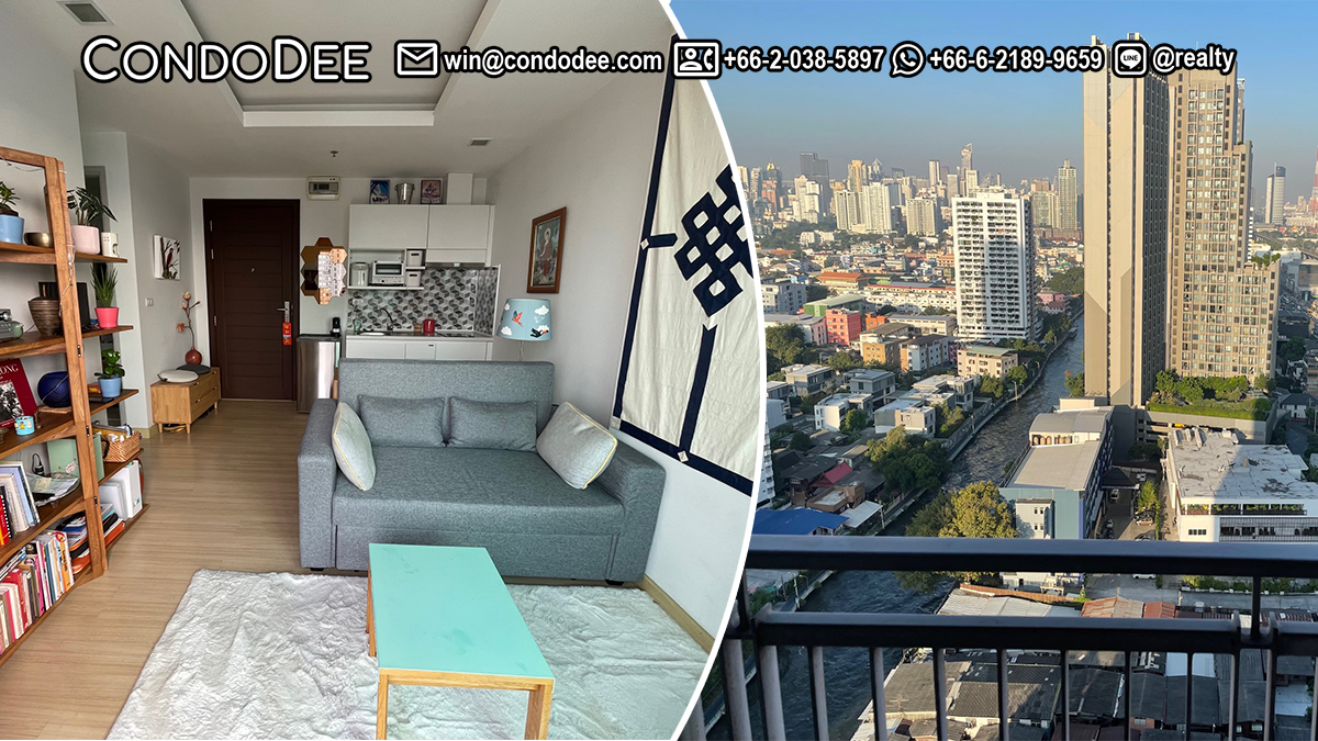 This affordable condo features a beautiful view from a high floor of Thru Thonglor condominium on Phetchaburi Road in Bangkok CBD