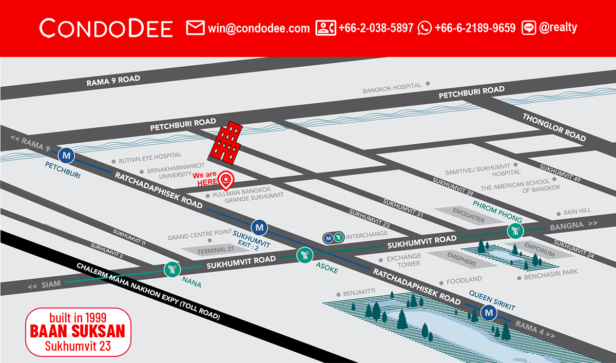 Baan Suksan Sukhumvit 23 condo for sale in Bangkok near Srinakharinwirot University is a very special condominium located 50 m from Srinakharinwirot University and is very popular for rental with students