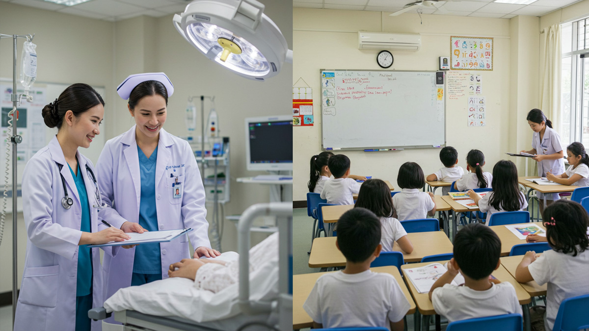 Modern international hospital and diverse classroom, representing healthcare and education for expats in Bangkok.