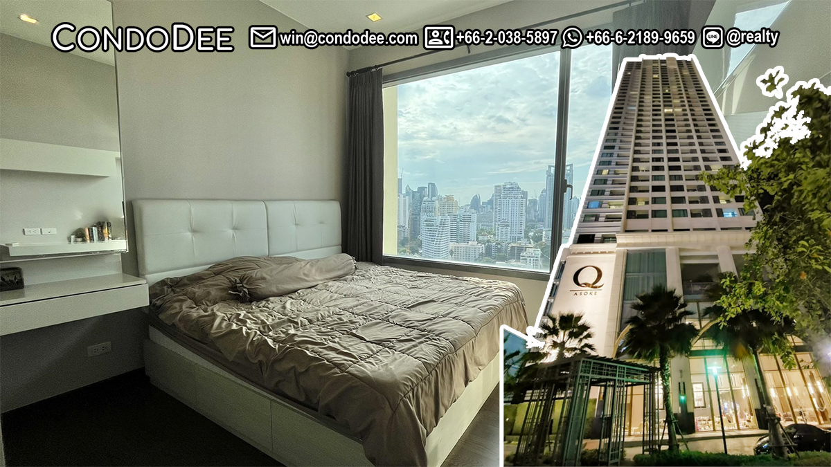 A flat for sale near MRT Phetchaburi is available on a high floor at Q Asoke Bangkok luxury condominium