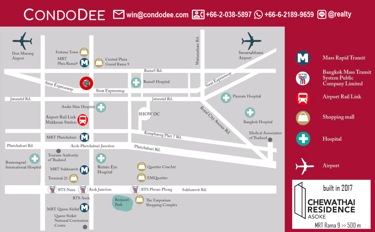 Chewathai Residence Asoke condo for sale in Bangkok near MRT Rama 9, MRT Phetchaburi, and Airport Rail Link was developed by Chewathai PCL in 2017 and includes 1 building having 315 apartments on 29 floors