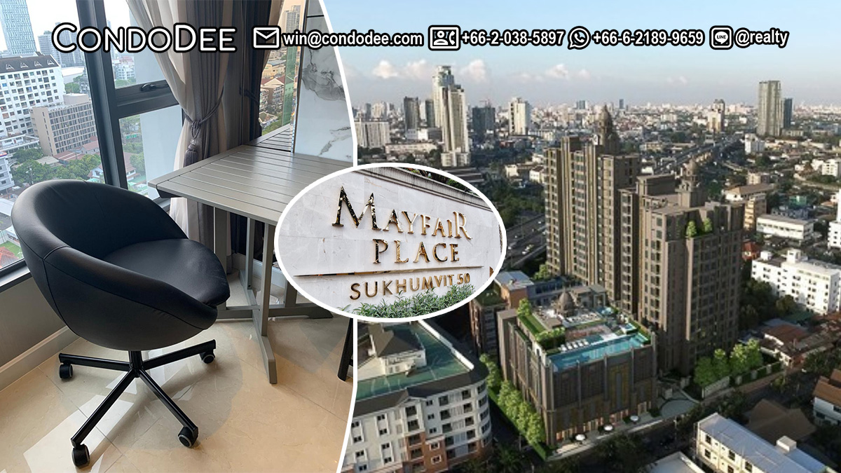 This condo near BTS Onnut is available now at a very reasonable price in a popular luxurious Mayfair Place Sukhumvit 50 Condominium in Bangkok
