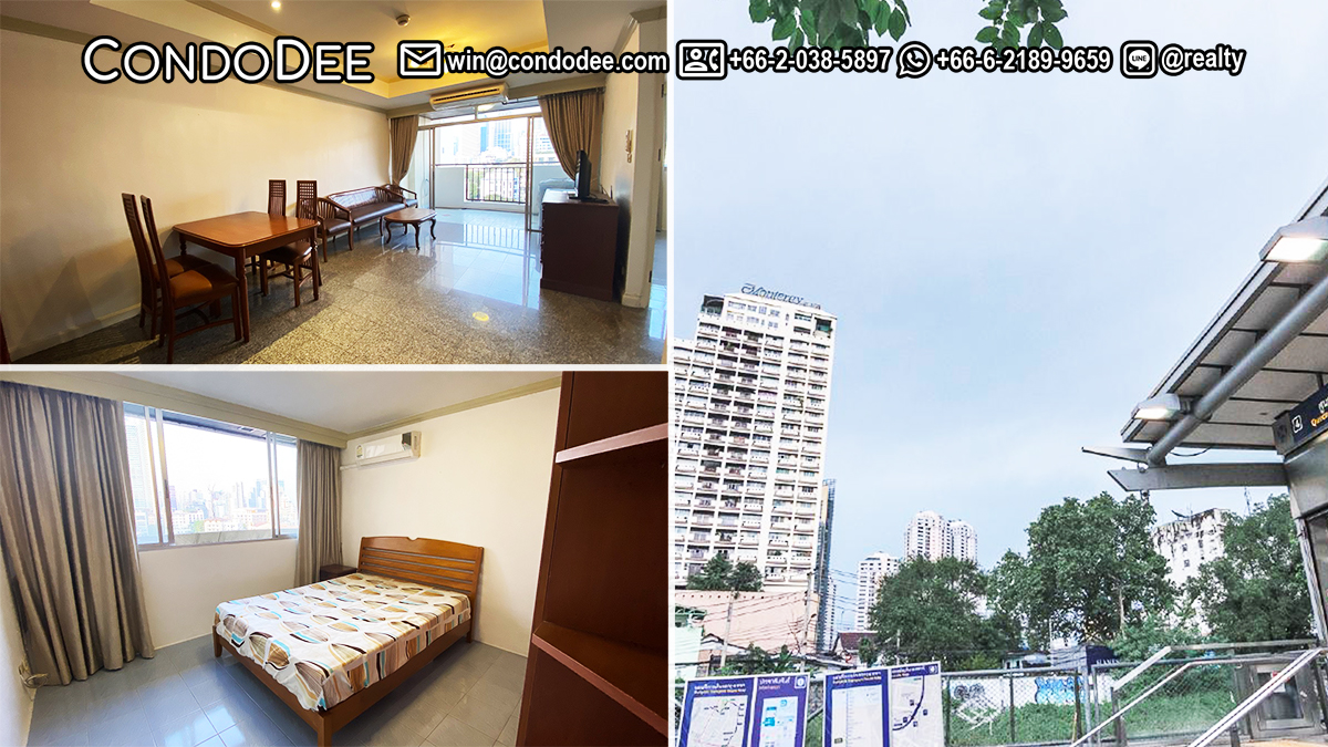 This condo with a large balcony and a nice view is available now in the Monterey Place condominium on Sukhumvit 16 near MRT Queen Sirikit and Benjakitti Park