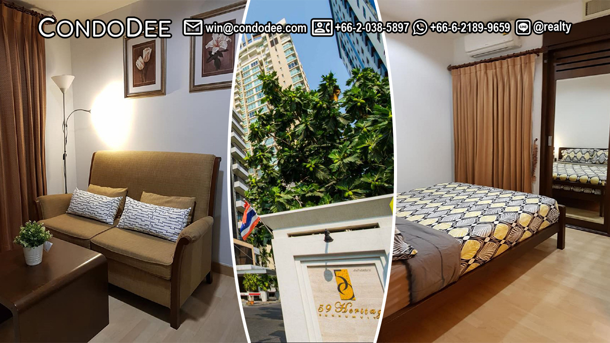 This condo in Thonglor is available for sale with a tenant on a high floor at 59 Heritage Condominium on Sukhumvit 59 in Bangkok CBD