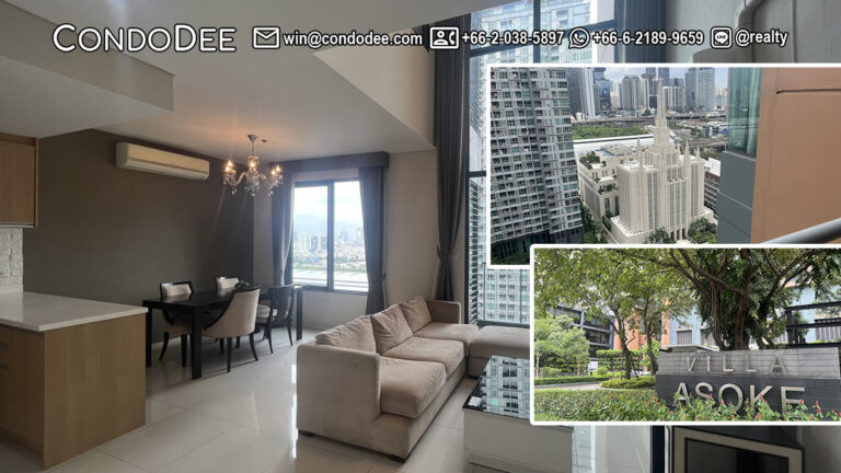 This condo in Asoke for sale is a duplex condo for sale that is available now in a popular Villa Asoke condo for sale near MRT Phetchaburi in Bangkok CBD
