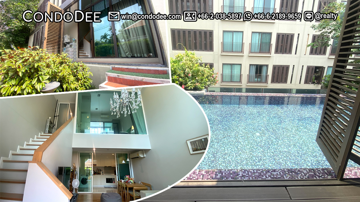 This duplex with a pool-access is located on Sukhumvit 26 in Phrom Phong and is available now for sale in Condolette Dwell condominium in Bangkok CBD