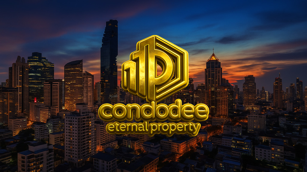 CondoDee Eternal Property logo over Bangkok skyline at dusk with high-rise buildings
