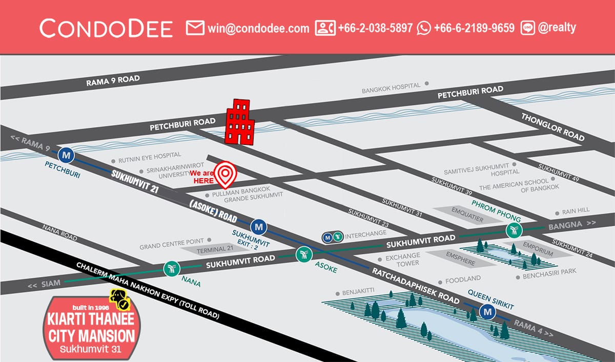 Kiarti Thanee City Mansion Sukhumvit 31 is a pet-friendly condo for sale in Bangkok near Srinakharinwirot University that was built in 1996