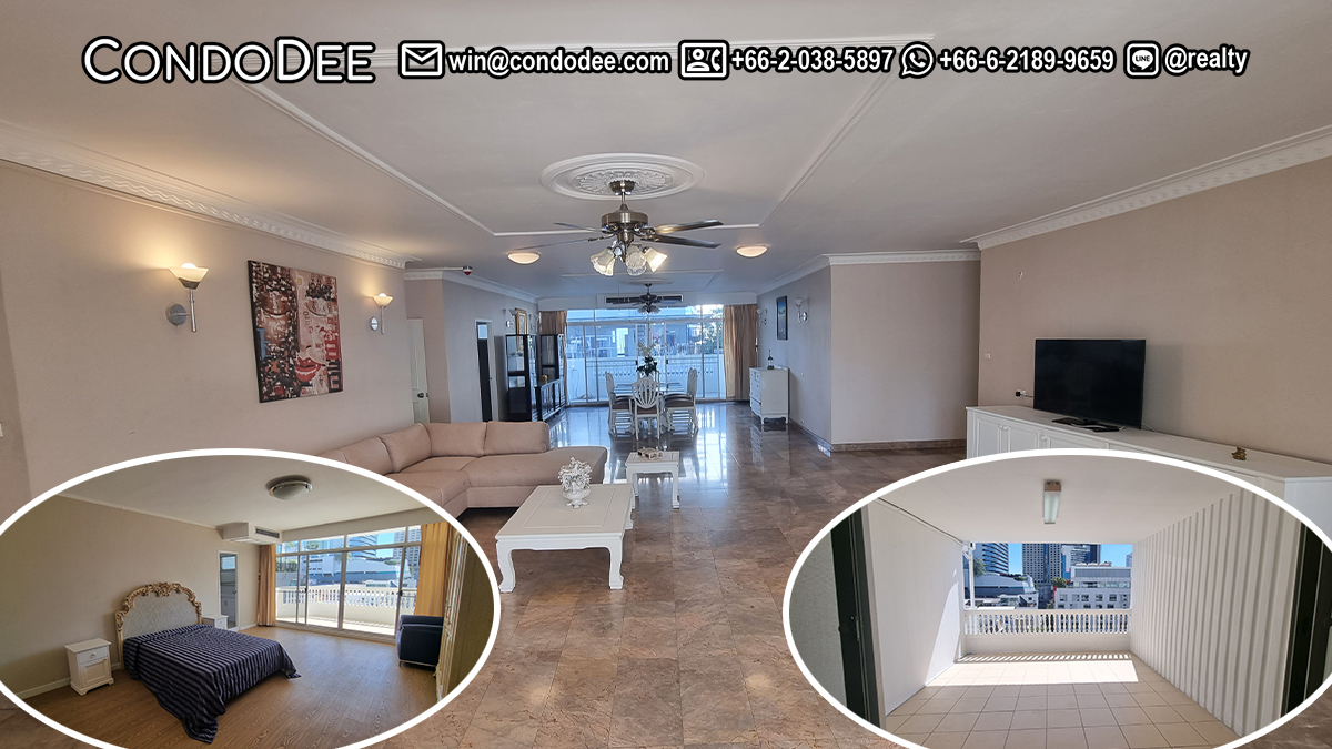 This large condo features 3 large balconies and a huge living room. It's available now in Grandville House 2 Sukhumvit 19 condominium near BTS Asoke in Bangkok CBD