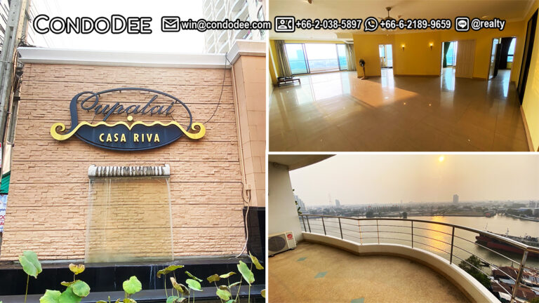 This large condo with a panoramic river view is available now for sale in a popular Supalai Casa Riva condominium in Bangkok