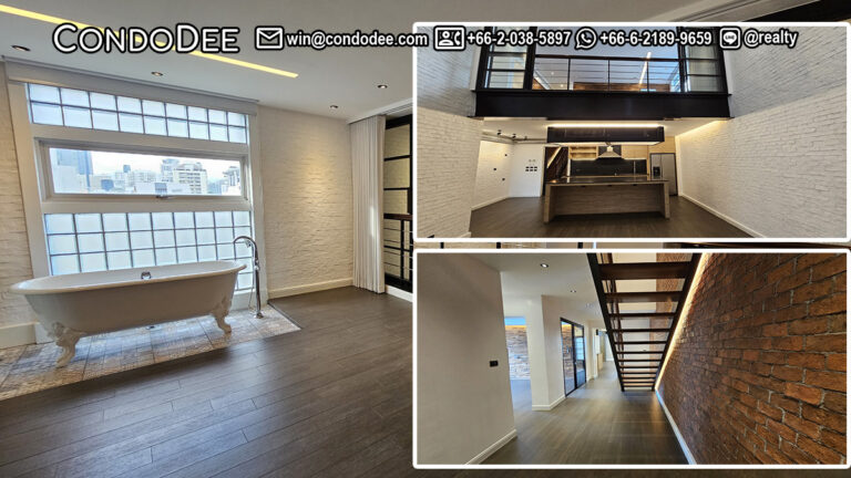 This luxury penthouse for sale near BTS Ekkamai is a loft-styled duplex luxury real estate on Sukhumvit 65 and it's available now at an attractive price.