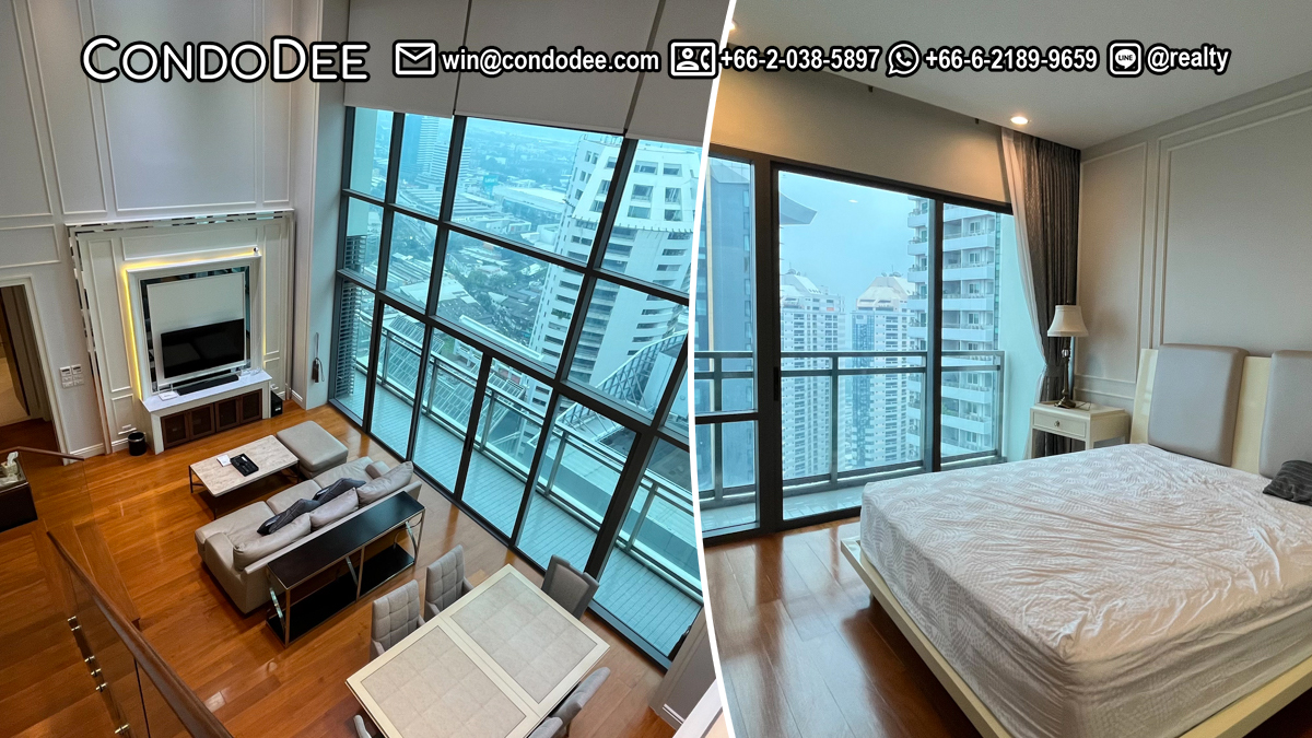 This luxury duplex in Phrom Phong is available now on a very high floor at a popular Bright Sukhumvit 24 condominium in Bangkok CBD