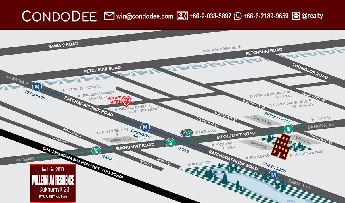 Millennium Residence luxury Bangkok condo for sale on Sukhumvit 20 was developed in 2010 by City Development Ltd Singapore and includes 604 units located in 4 buildings, having 51 floors each.