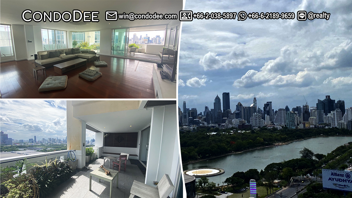 This penthouse duplex features an amazing lake and park view and is available now in the Monterey Place condominium near MRT Queen Sirikit in Bangkok CBD