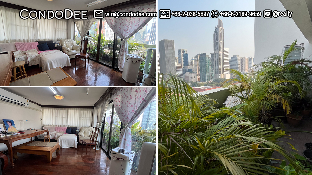 This penthouse on Sukhumvit 15 with a large balcony is a large condo on the top floor of Ruamjai Heights condominium near NIST School in Bangkok CBD