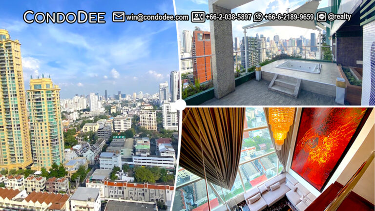 This penthouse triplex with a vast private garden is available now in a popular Wind Sukhumvit 23 condominium near Srinakharinwirot University and BTS Asoke