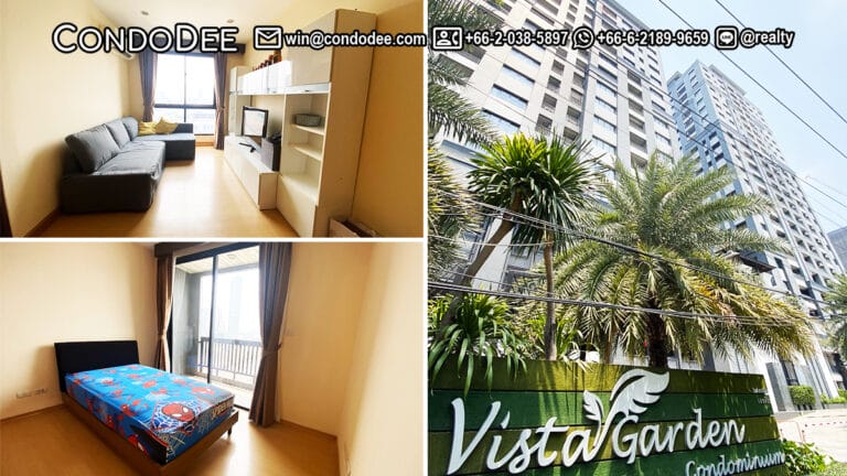 This renovated 2-bedroom condo is available now at a very affordable price in a popular Vista Garden condominium near BTS Phra Khanong in Bangkok