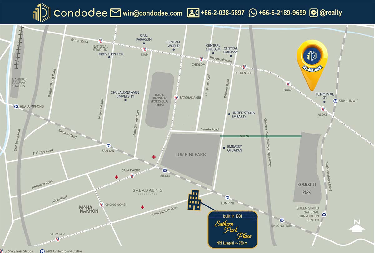 Sathorn Park Place condo for sale is a spacious high-rise residence in Sathorn Bangkok near Lumpini Park and MRT Lumpini