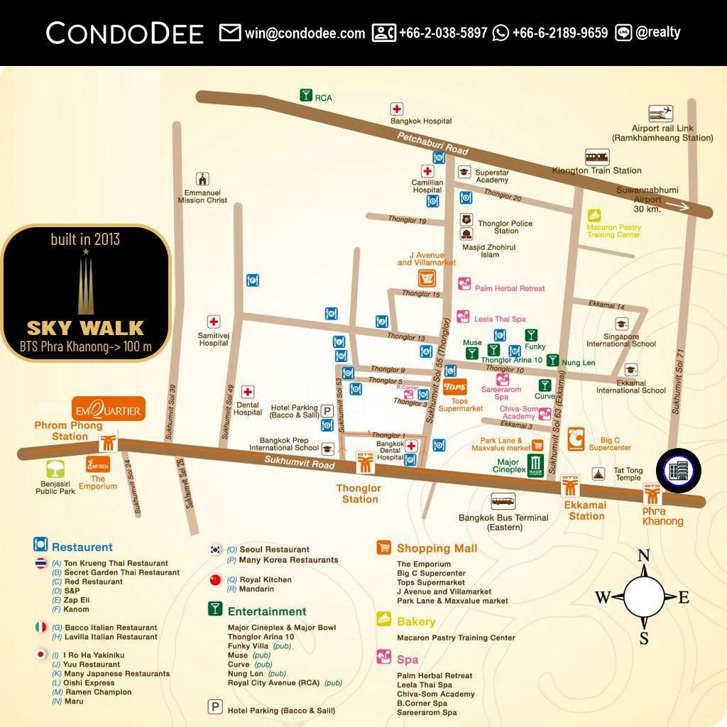 Sky Walk Sukhumvit Phra Khanong residence is the tallest building on Sukhumvit road (50 floors). This mix-use project includes a condominium, retail area, and hotel.