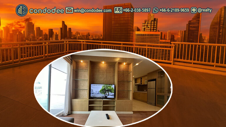 Grand Park View Asoke high-floor corner unit with large balcony and city view | ข้อความแทนภาพ: ห้องมุมชั้นสูงแกรนด์พาร์ควิว อโศก พร้อมระเบียงใหญ่และวิวเมือง