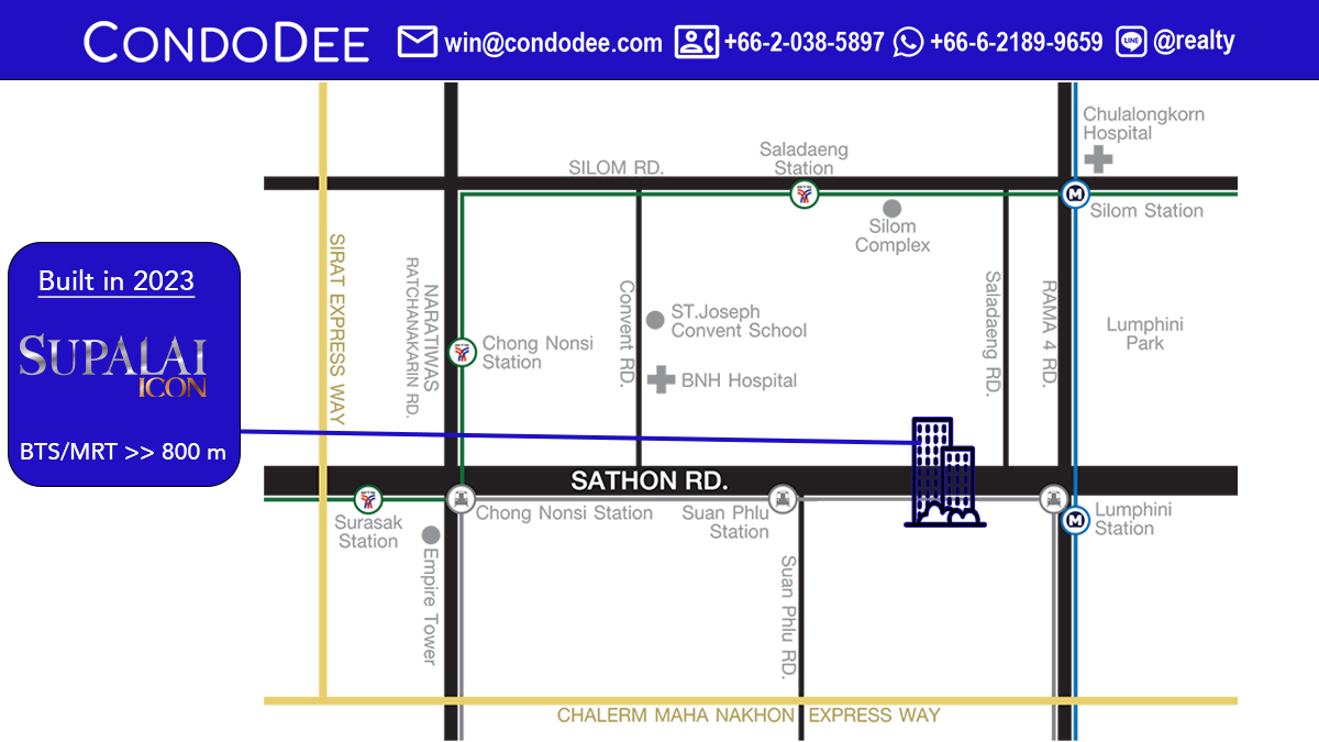 Supalai ICON Sathorn luxury condo for sale in Bangkok was built in 2023 by Supalai PCL and comprises a single building having 720 units on 56 floors