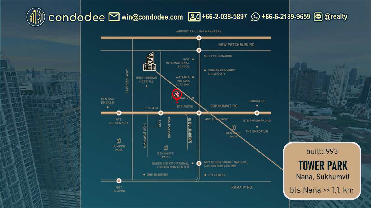 Exterior view of Tower Park Condominium building in Nana, Bangkok, condo for sale Sukhumvit 11 | มุมมอง ภายนอก อาคาร ทาวเวอร์ พาร์ค คอนโดมิเนียม นานา กรุงเทพฯ คอนโด สำหรับขาย สุขุมวิท 11