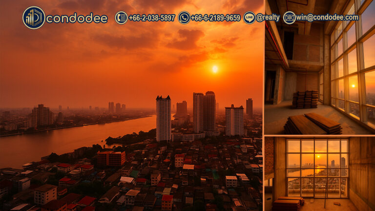 This riverside penthouse for sale is a unique bareshell triplex in a popular Watermark Chaophraya condo for sale. This luxury riverside real estate is available at a very attractive price.