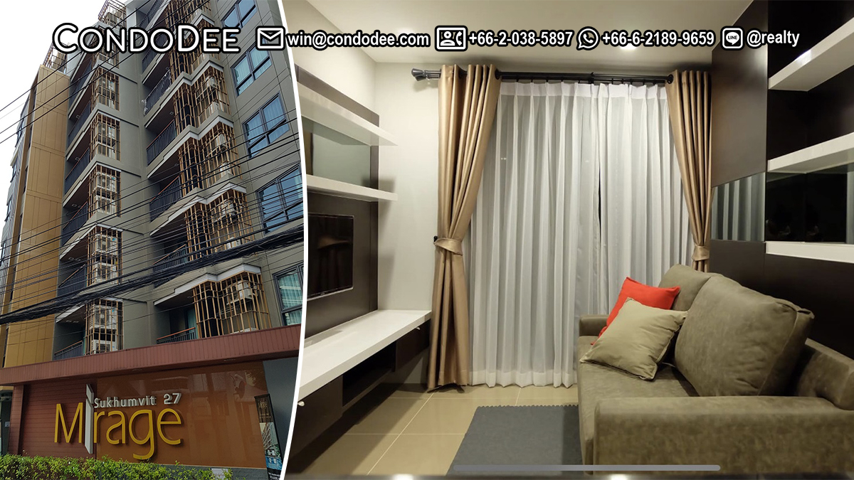 This Sukhumvit apartment with 1 bedroom is available now in a low-rise Mirage Sukhumvit 27 condominium located just 50 m away from the main Sukhumvit road