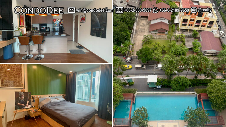This well-maintained condo features a pool view and it's available now for sale in a popular Wind Sukhumvit 23 condominium near Srinakharinwirot University in Prasanmit in Bangkok CBD
