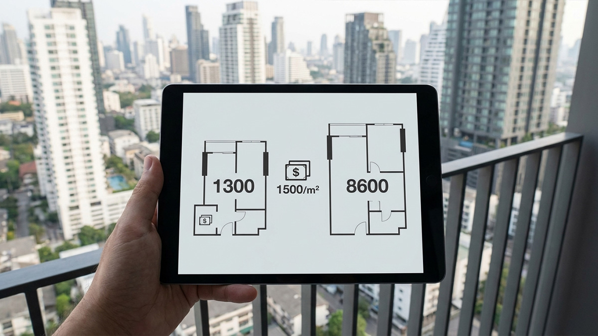 Illustration of Bangkok condo price per square meter comparison using two different unit sizes | ภาพประกอบการเปรียบเทียบราคาคอนโดต่อตารางเมตรในกรุงเทพ โดยใช้ยูนิตคนละขนาด