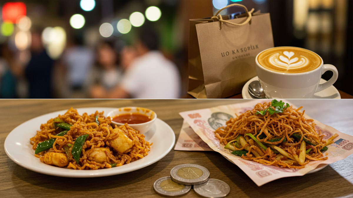 Thai street food and currency in foreground, with blurred luxury elements in background, representing Bangkok's varied cost of living.