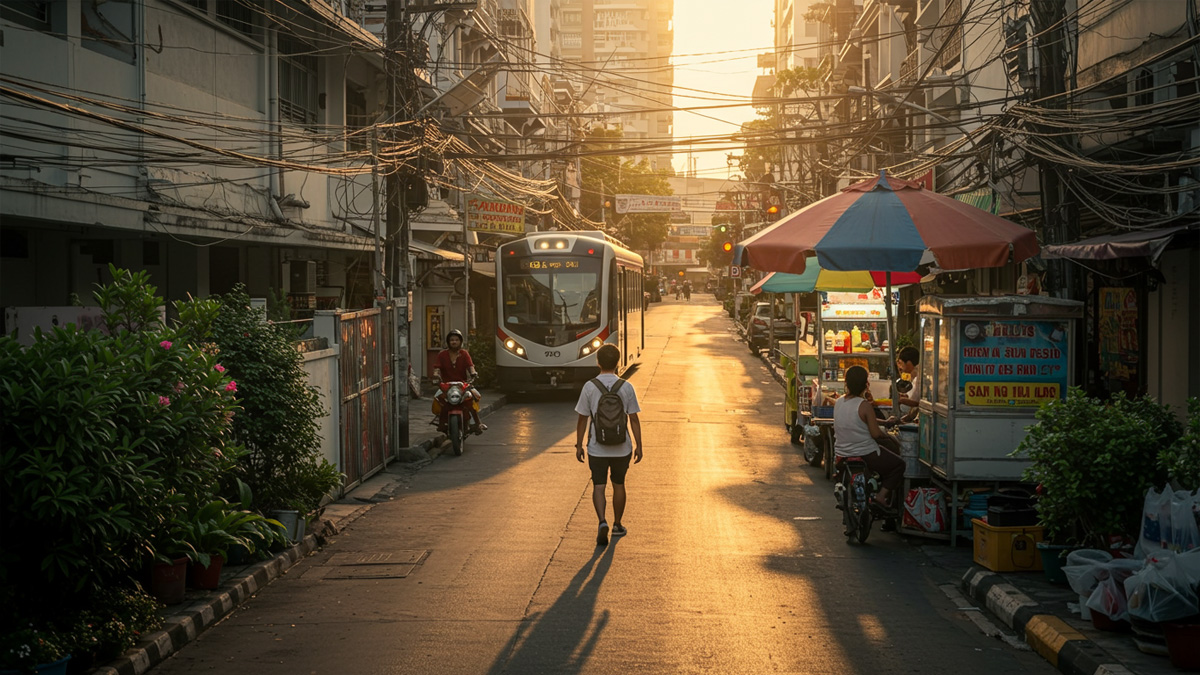 Expat confidently walking through a lively Bangkok street, blending modern city life with traditional culture.