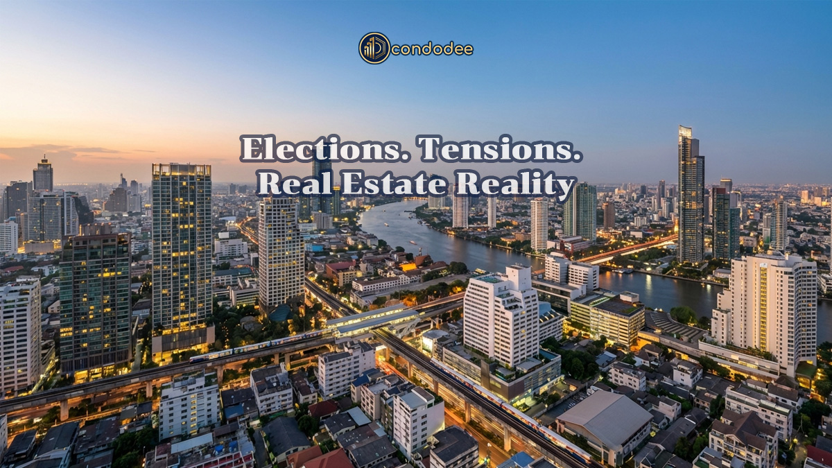 Bangkok skyline illustrating the impact of elections and regional tensions on the Bangkok property market in 2026 | ภาพเส้นขอบฟ้ากรุงเทพ แสดงผลกระทบของการเลือกตั้งและความตึงเครียดในภูมิภาคต่อตลาดอสังหาริมทรัพย์กรุงเทพ ปี 2569