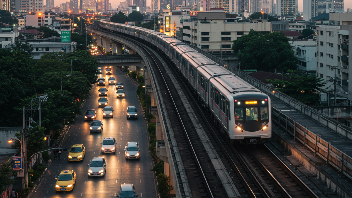 Modern BTS Skytrain moving above busy Bangkok street with taxis and tuk-tuks, illustrating urban transportation