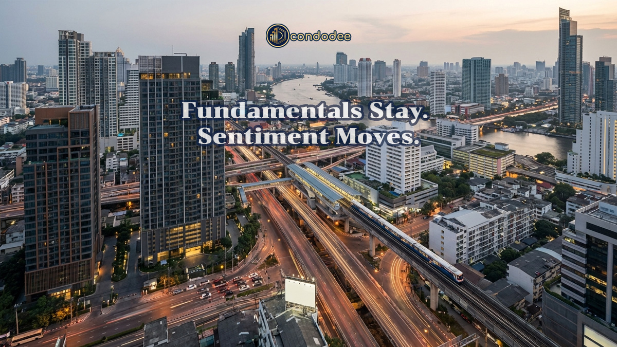 Bangkok skyline illustrating long-term real estate fundamentals and short-term market sentiment during periods of elections and regional tensions | ภาพเส้นขอบฟ้ากรุงเทพ แสดงปัจจัยพื้นฐานของตลาดอสังหาริมทรัพย์ระยะยาว เทียบกับความเชื่อมั่นของตลาดในช่วงการเลือกตั้งและความตึงเครียดในภูมิภาค