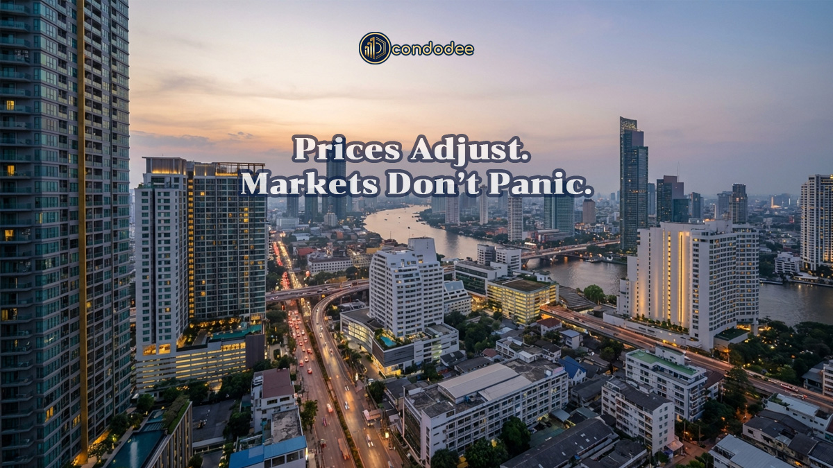 Bangkok skyline illustrating pricing adjustments, negotiation dynamics, and market liquidity during periods of uncertainty in the real estate market | ภาพเส้นขอบฟ้ากรุงเทพ แสดงการปรับราคา การเจรจา และสภาพคล่องของตลาดอสังหาริมทรัพย์ในช่วงความไม่แน่นอน
