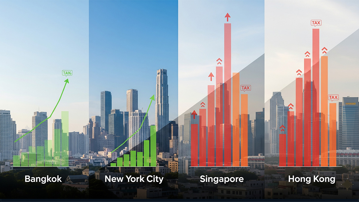 Bangkok vs New York, Singapore and Hong Kong property costs & taxes comparison – 4-city skyline with green vs red bars | เปรียบเทียบต้นทุนและภาษีอสังหาริมทรัพย์ กรุงเทพฯ นิวยอร์ก สิงคโปร์ ฮ่องกง – สกายไลน์ 4 เมือง พร้อมกราฟสีเขียว/แดง