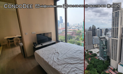 This 1-bedroom flat in Bangkok Asoke is available now on a mid-floor of The Esse Asoke luxury Bangkok condominium