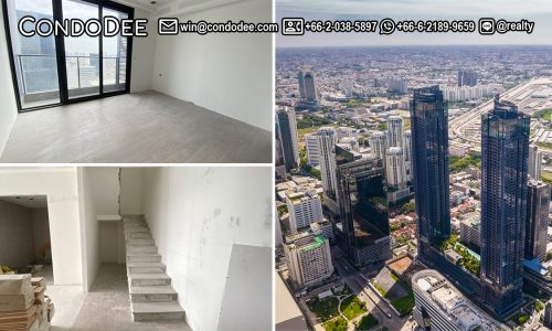 This bareshell duplex in Rama 9 is available now for sale in a new and luxury One 9 Five Asoke - Rama 9 condominium near MRT, Central Rama 9 mall in Bangkok's new CBD