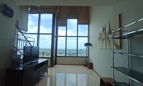 A luxury duplex condo for sale in Prompong is available now on a high floor with an amazing river view in The Emporio Place Sukhumvit 24 condominium