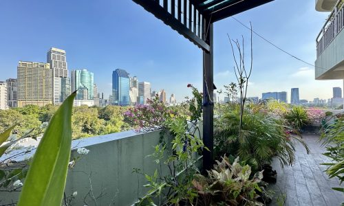 This condo near the park (Benchakitti Forest Park) features a large balcony. It's available now for sale with a tenant in a popular Lake Green Sukhumvit 8 condominium near BTS Nana in Bangkok CBD