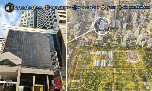 Omni Tower condo Sukhumvit Nana in Bangkok aerial and facade view | โอม์นิ ทาวเวอร์ คอนโด สุขุมวิท นานา กรุงเทพฯ