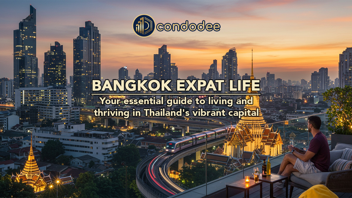 Expat on a modern Bangkok rooftop overlooking the city, symbolizing expat living and relocation.