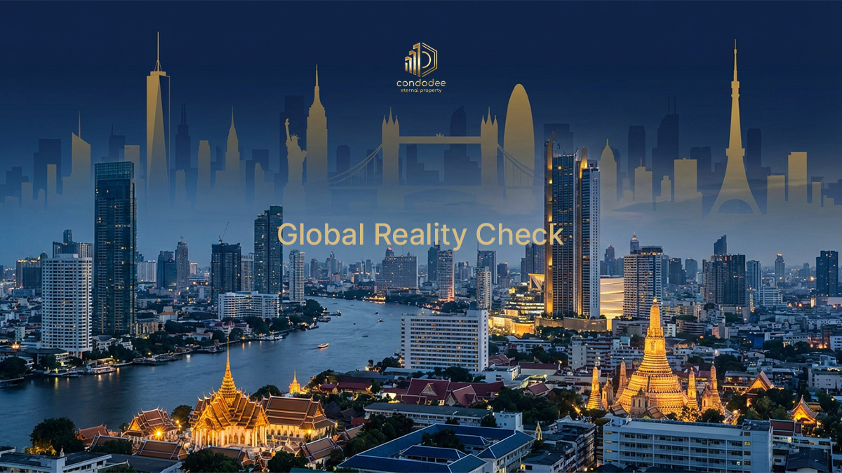 Bangkok skyline placed in global real estate context, comparing world property prices and showing Bangkok’s position among international cities