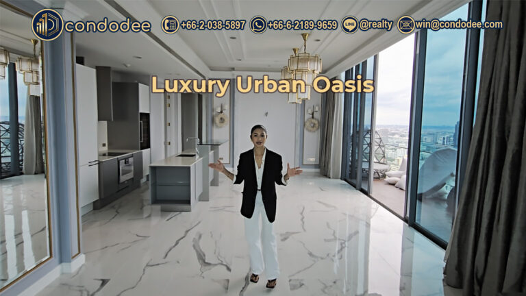 Spacious living room of Marque Sukhumvit 2-bedroom condo with high ceilings and city river view | ห้องนั่งเล่นกว้างขวางของคอนโดมาร์ค สุขุมวิท 2 ห้องนอน เพดานสูง วิวแม่น้ำ