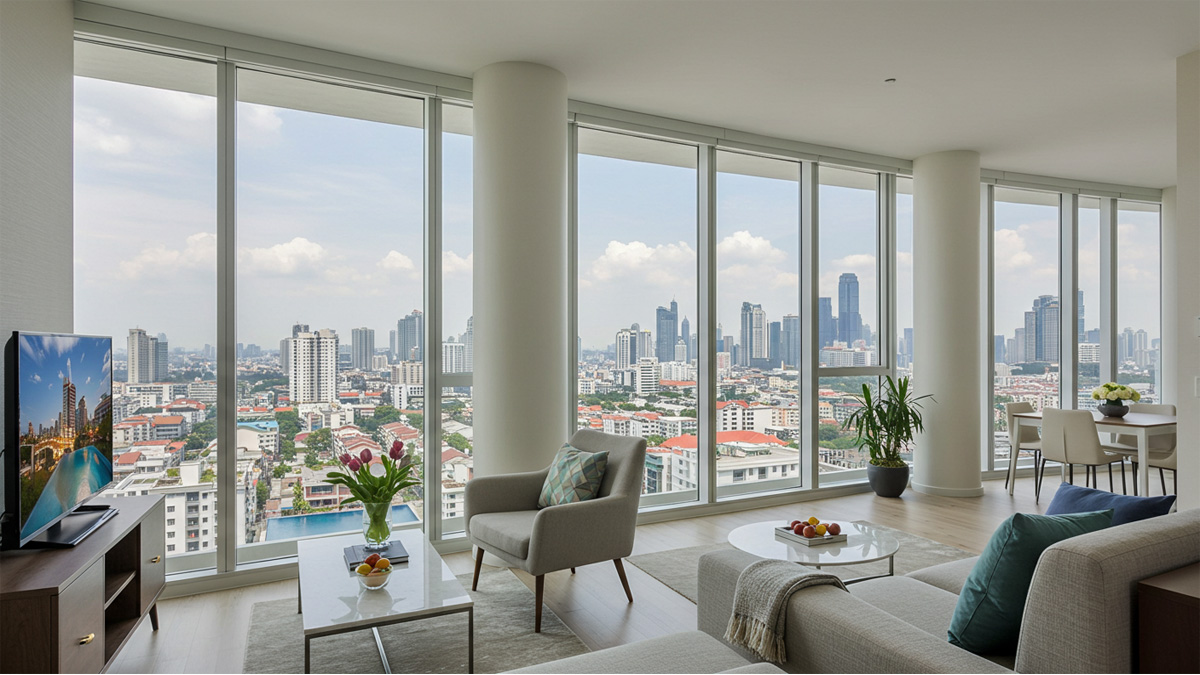 Modern furnished condominium in Bangkok with city skyline view and amenities.