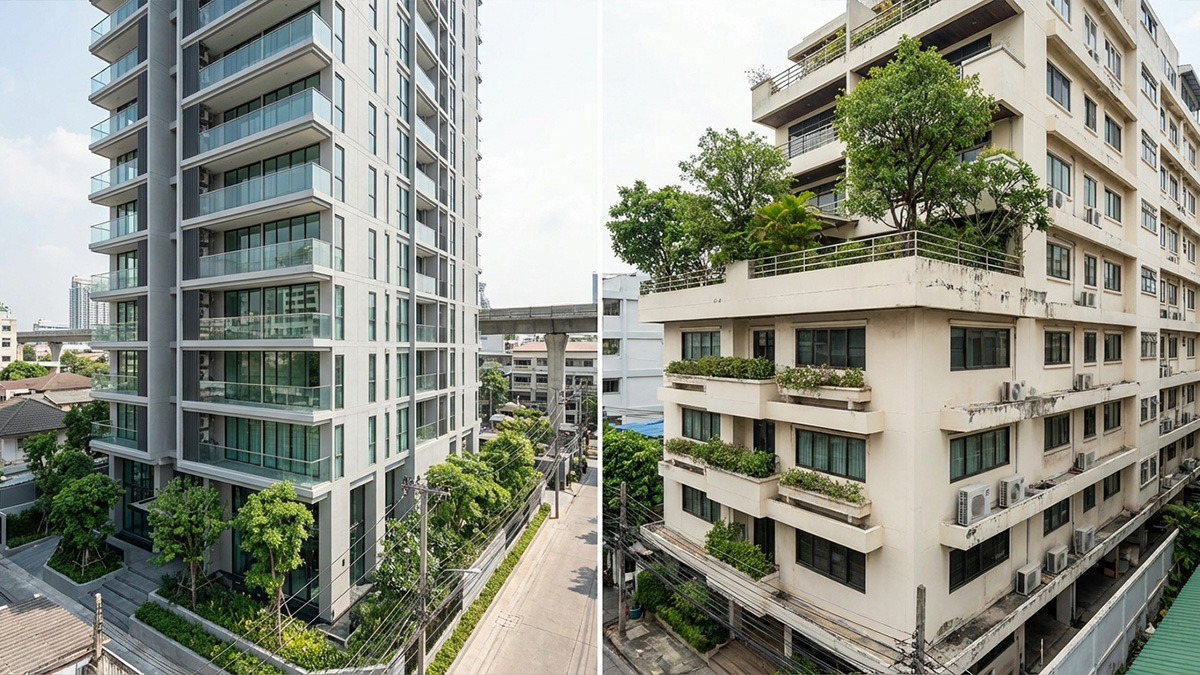 Comparison between new and resale condominiums in Bangkok showing different pricing logic | การเปรียบเทียบคอนโดใหม่และคอนโดมือสองในกรุงเทพที่มีตรรกะด้านราคาต่างกัน