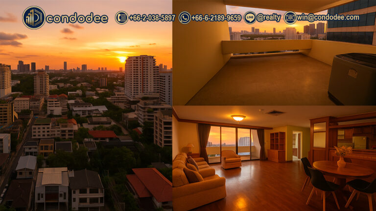 Panoramic sunset view, large balcony, and spacious living room of 1-bedroom condo for sale at Newton Tower Sukhumvit 6 | วิวพระอาทิตย์ตก ระเบียงกว้าง และห้องนั่งเล่นขนาดใหญ่ของคอนโด 1 ห้องนอนขายที่นิวตัน ทาวเวอร์ สุขุมวิท 6