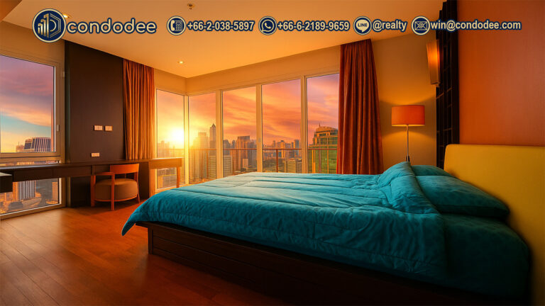 Sunset view from bedroom in 2-bedroom condo for sale at The Prime 11 Sukhumvit 11 – very high floor, fully furnished | วิวพระอาทิตย์ตกจากห้องนอน คอนโด 2 ห้องนอนขาย เดอะ ไพรม์ 11 สุขุมวิท 11 – ชั้นสูง เฟอร์นิเจอร์ครบ